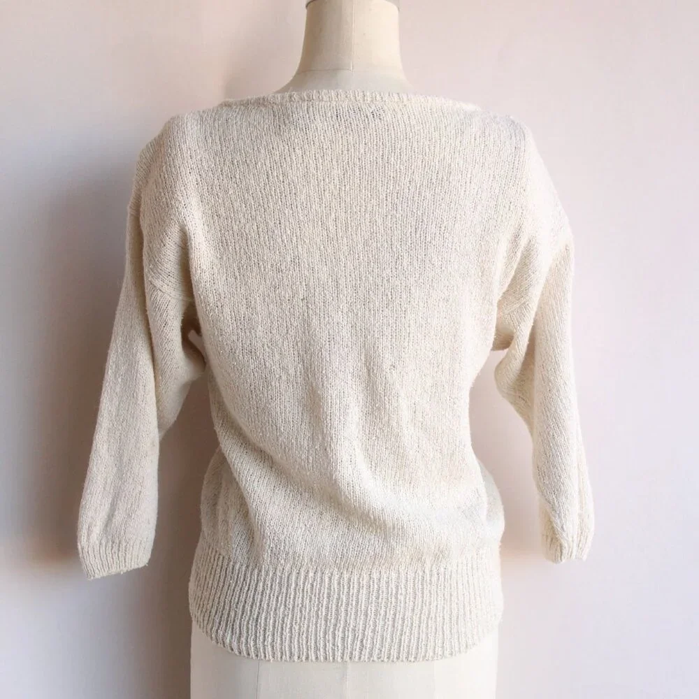 Vintage 1980s Sweater, Bonnie Boerer Ivory Pullover with Fringed Beading, - Picture 8 of 10